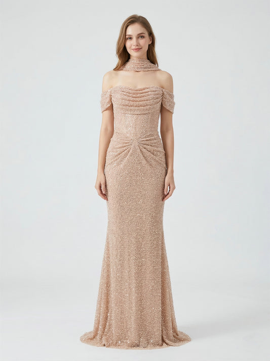 Champagne Beaed Off-the-Shoulder Gala Gown with Draped Bodice & Choker MC20083-4