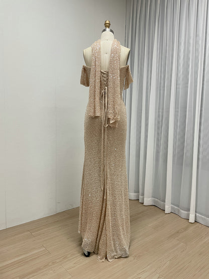 Champagne Beaed Off-the-Shoulder Gala Gown with Draped Bodice & Choker MC20083-4