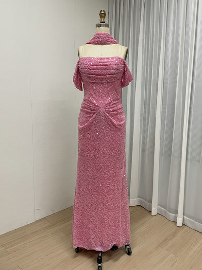 Champagne Beaed Off-the-Shoulder Gala Gown with Draped Bodice & Choker MC20083-4