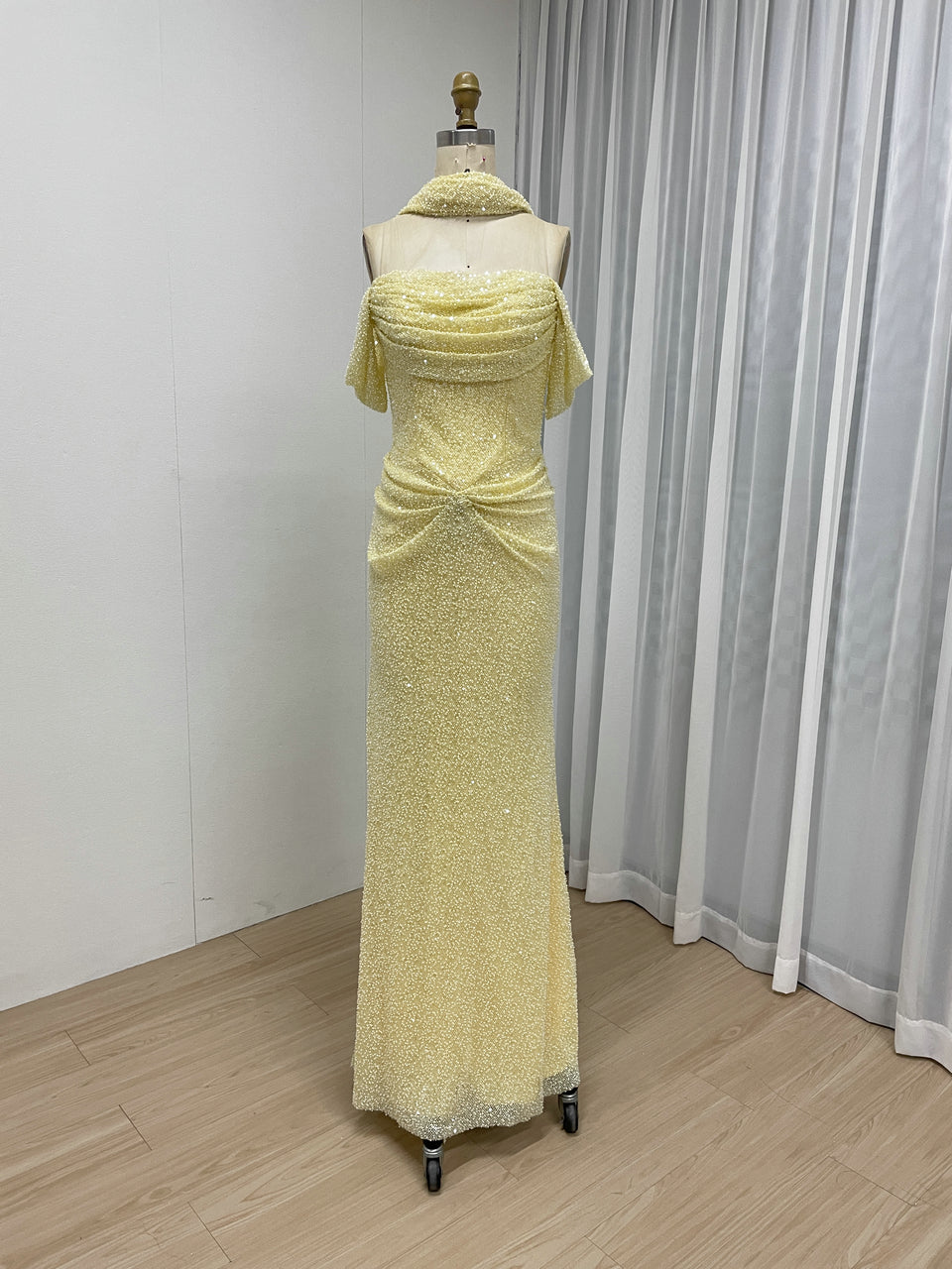 Champagne Beaed Off-the-Shoulder Gala Gown with Draped Bodice & Choker MC20083-4