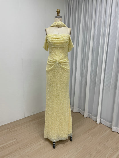 Champagne Beaed Off-the-Shoulder Gala Gown with Draped Bodice & Choker MC20083-4
