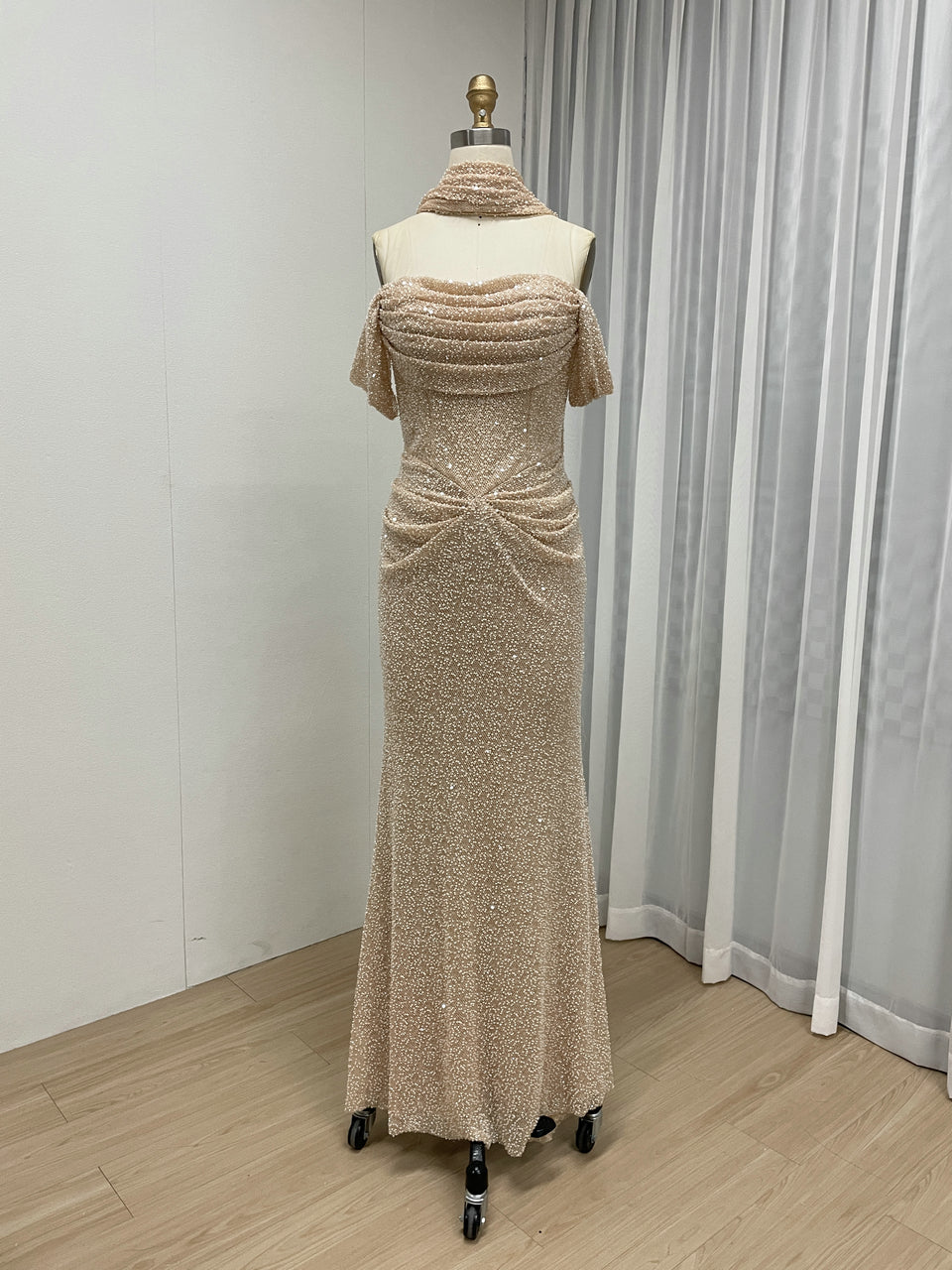 Champagne Beaed Off-the-Shoulder Gala Gown with Draped Bodice & Choker MC20083-4