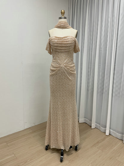 Champagne Beaed Off-the-Shoulder Gala Gown with Draped Bodice & Choker MC20083-4