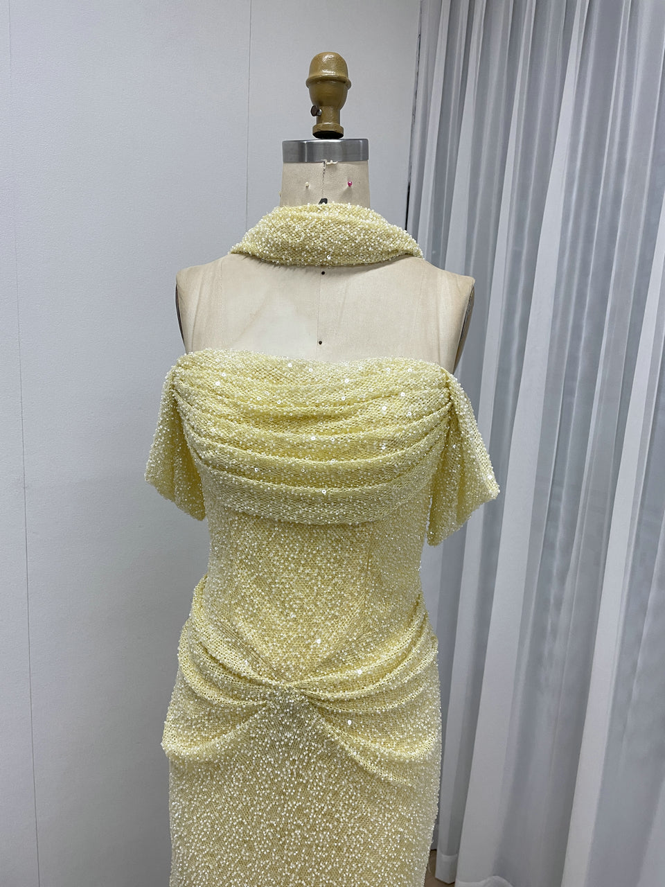 Champagne Beaed Off-the-Shoulder Gala Gown with Draped Bodice & Choker MC20083-4