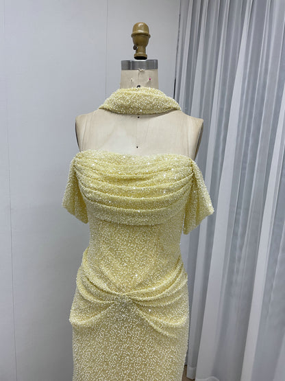 Champagne Beaed Off-the-Shoulder Gala Gown with Draped Bodice & Choker MC20083-4