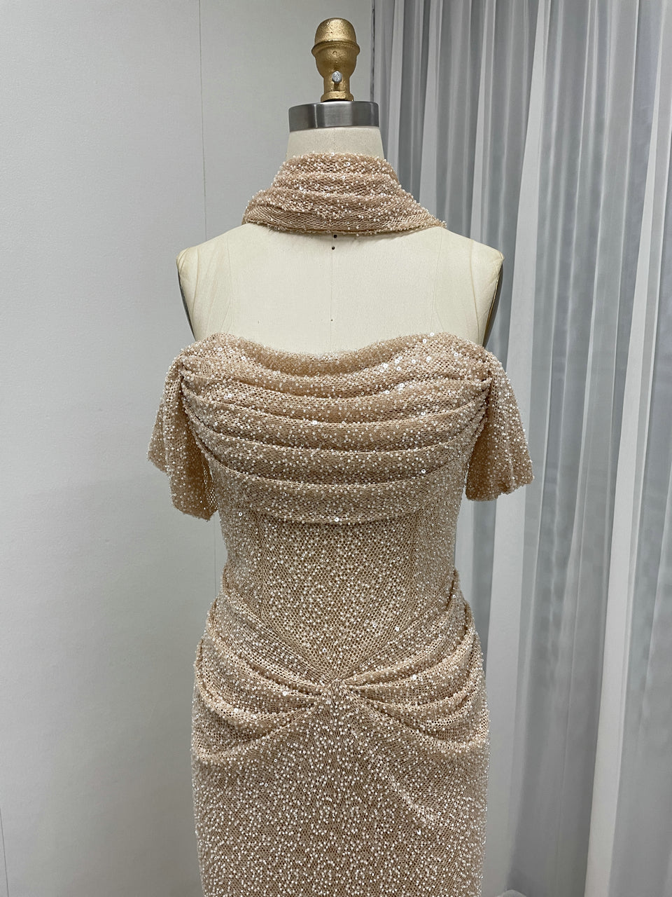 Champagne Beaed Off-the-Shoulder Gala Gown with Draped Bodice & Choker MC20083-4
