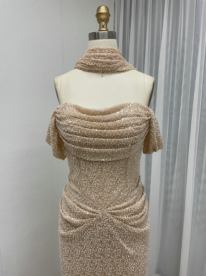 Champagne Beaed Off-the-Shoulder Gala Gown with Draped Bodice & Choker MC20083-4