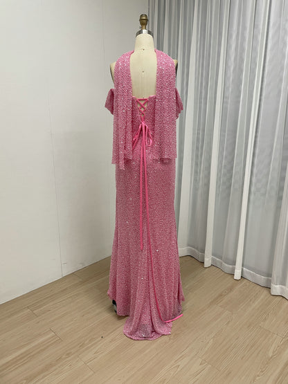 Champagne Beaed Off-the-Shoulder Gala Gown with Draped Bodice & Choker MC20083-4