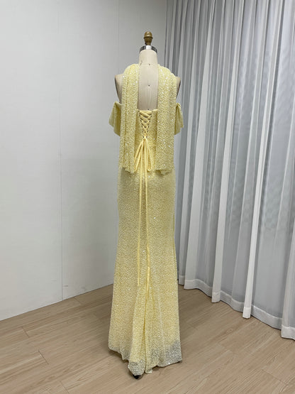 Champagne Beaed Off-the-Shoulder Gala Gown with Draped Bodice & Choker MC20083-4