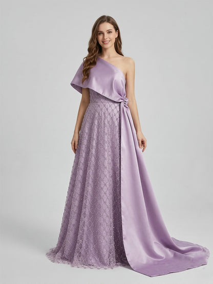 Purple One-Shoulder Crystal Beading Evening Gown with Satin Cape Train - MC20088