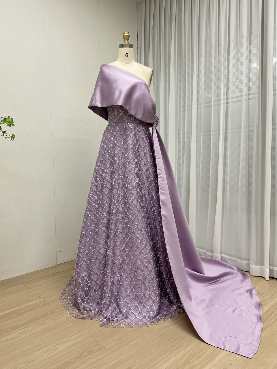 Purple One-Shoulder Crystal Beading Evening Gown with Satin Cape Train - MC20088