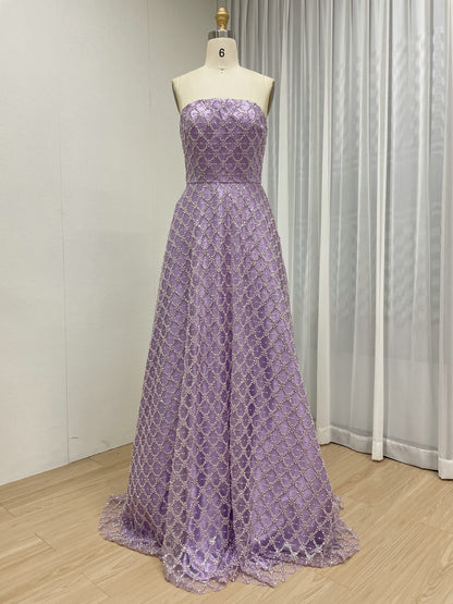 Purple One-Shoulder Crystal Beading Evening Gown with Satin Cape Train - MC20088