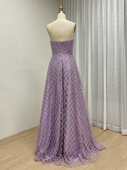Purple One-Shoulder Crystal Beading Evening Gown with Satin Cape Train - MC20088