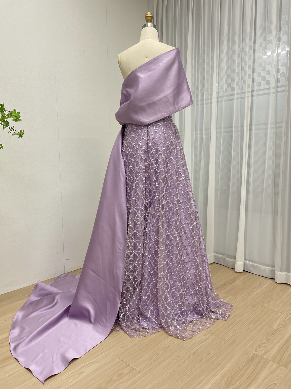 Purple One-Shoulder Crystal Beading Evening Gown with Satin Cape Train - MC20088