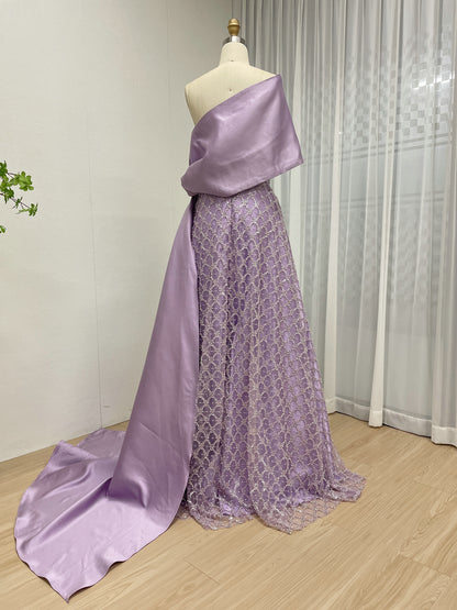 Purple One-Shoulder Crystal Beading Evening Gown with Satin Cape Train - MC20088