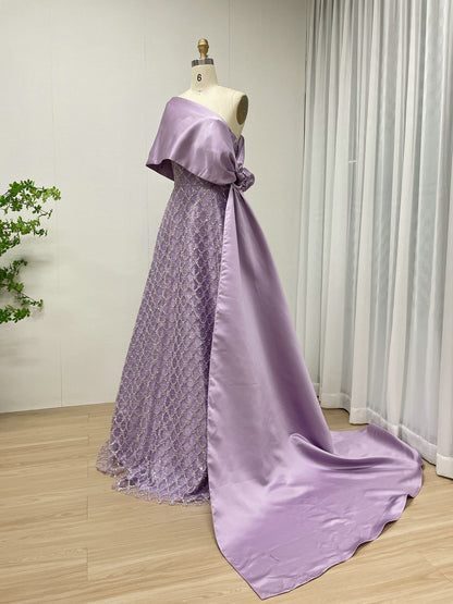 Purple One-Shoulder Crystal Beading Evening Gown with Satin Cape Train - MC20088