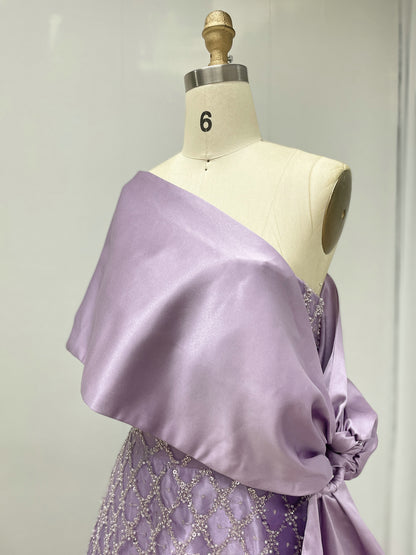 Purple One-Shoulder Crystal Beading Evening Gown with Satin Cape Train - MC20088