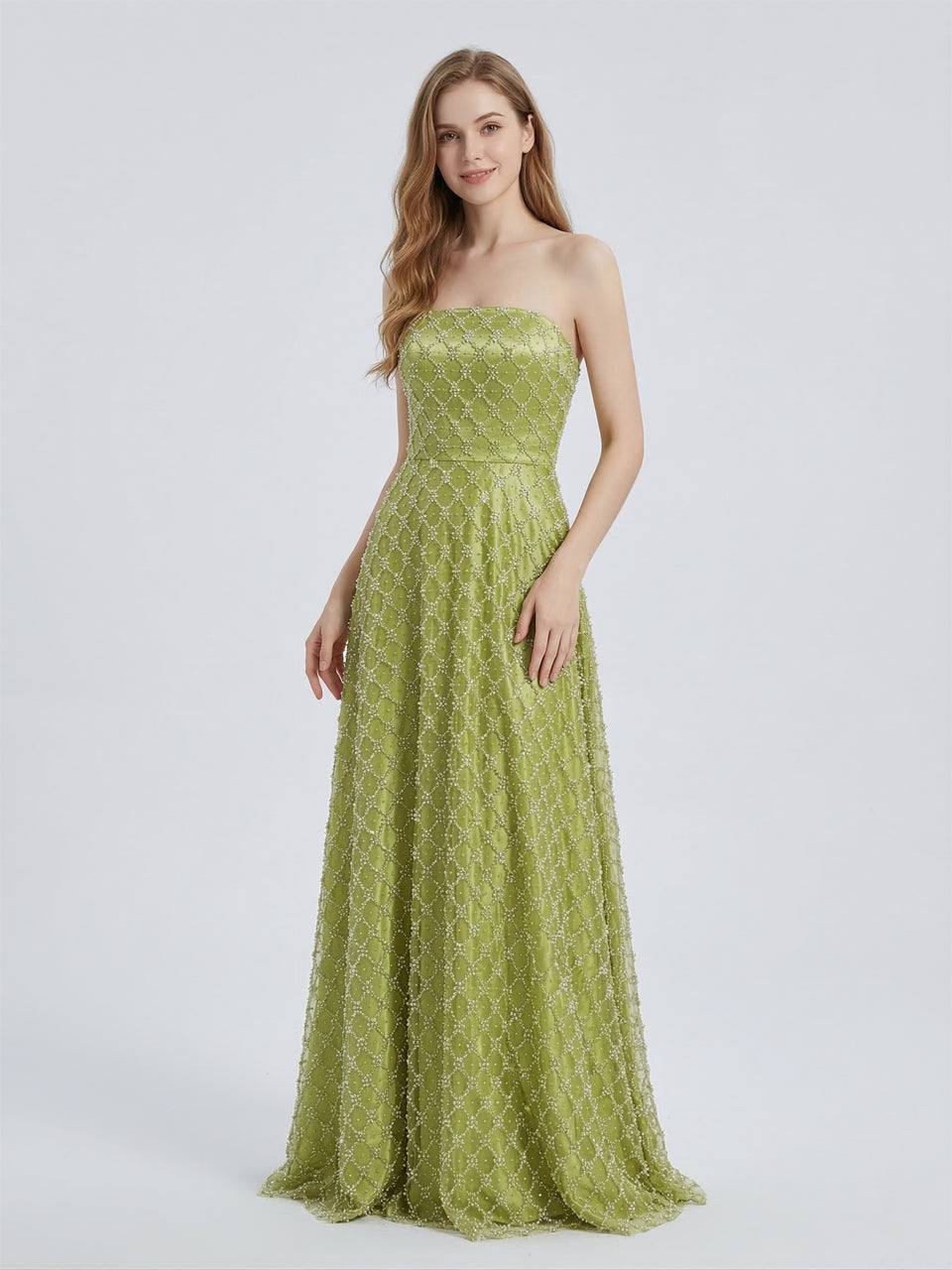 Olive Lattice Beaded Strapless A-Line Evening Gown - Formal Prom & Gala Dress MC20089