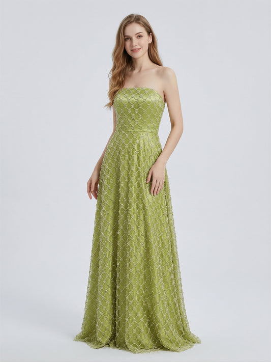 Olive Lattice Beaded Strapless A-Line Evening Gown - Formal Prom & Gala Dress MC20089