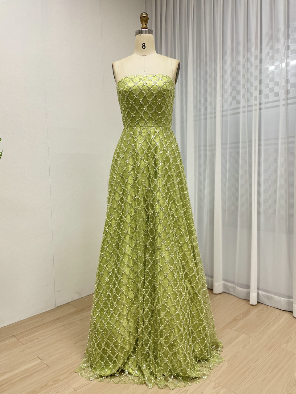 Olive Lattice Beaded Strapless A-Line Evening Gown - Formal Prom & Gala Dress MC20089
