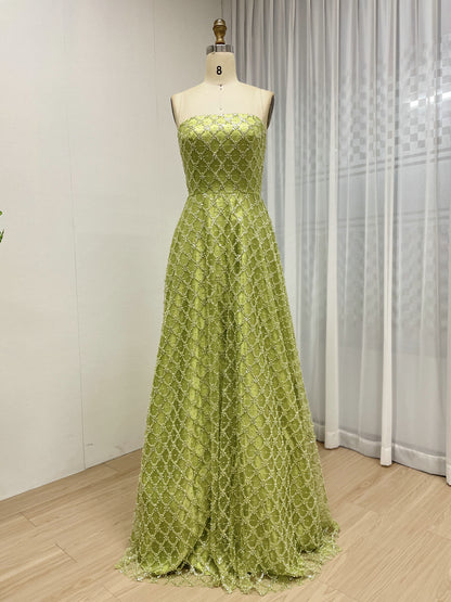 Olive Lattice Beaded Strapless A-Line Evening Gown - Formal Prom & Gala Dress MC20089
