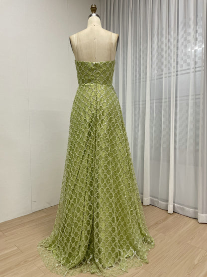 Olive Lattice Beaded Strapless A-Line Evening Gown - Formal Prom & Gala Dress MC20089