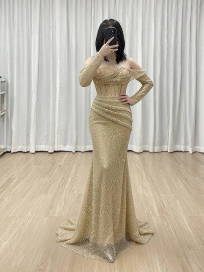Gold Beaded Off-the-Shoulder Prom & Formal Dress MC20090