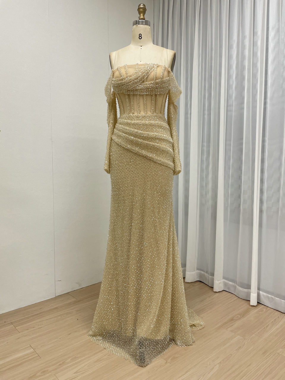 Gold Beaded Off-the-Shoulder Prom & Formal Dress MC20090