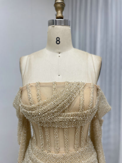 Gold Beaded Off-the-Shoulder Prom & Formal Dress MC20090