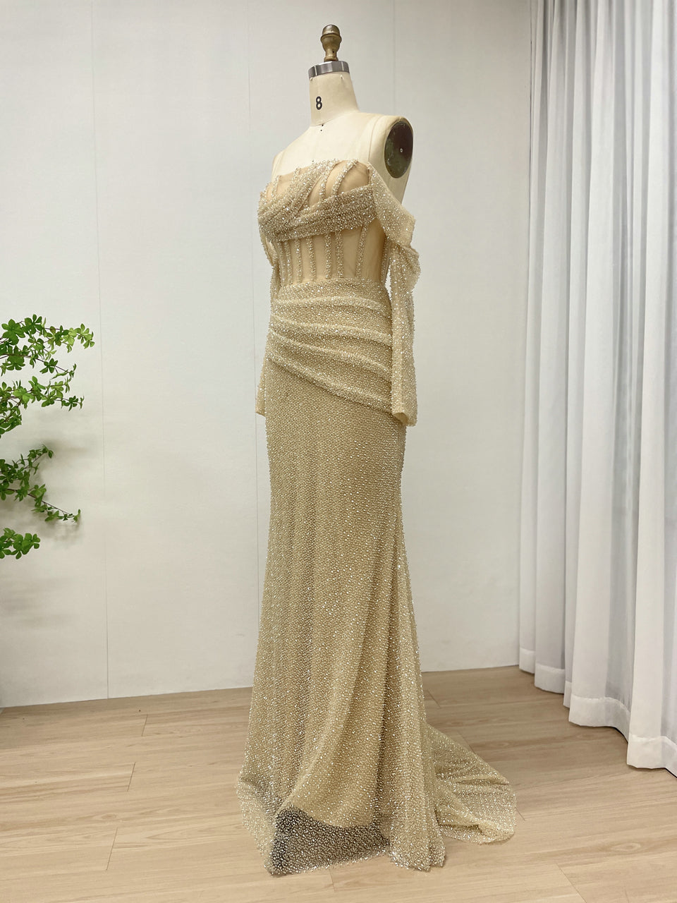 Gold Beaded Off-the-Shoulder Prom & Formal Dress MC20090