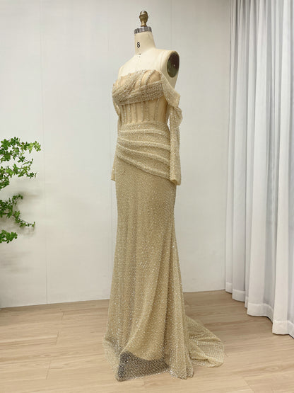 Gold Beaded Off-the-Shoulder Prom & Formal Dress MC20090