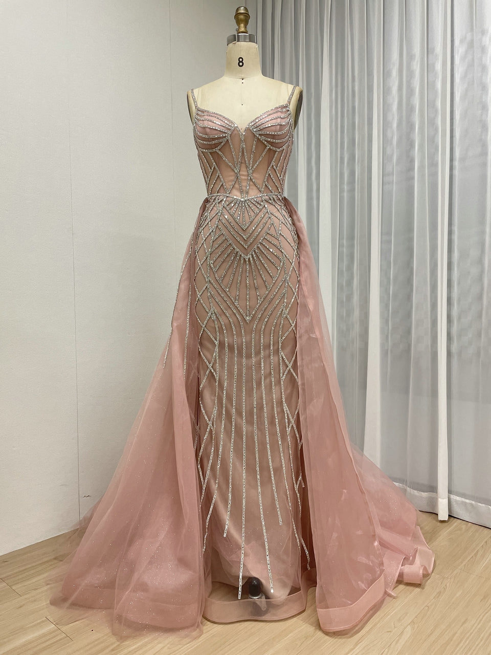 Art Deco Beaded Mermaid Prom Dress with Detachable Overskirt - Pink MC20091