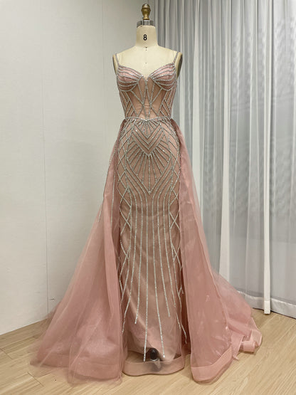 Art Deco Beaded Mermaid Prom Dress with Detachable Overskirt - Pink MC20091