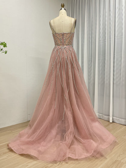 Art Deco Beaded Mermaid Prom Dress with Detachable Overskirt - Pink MC20091