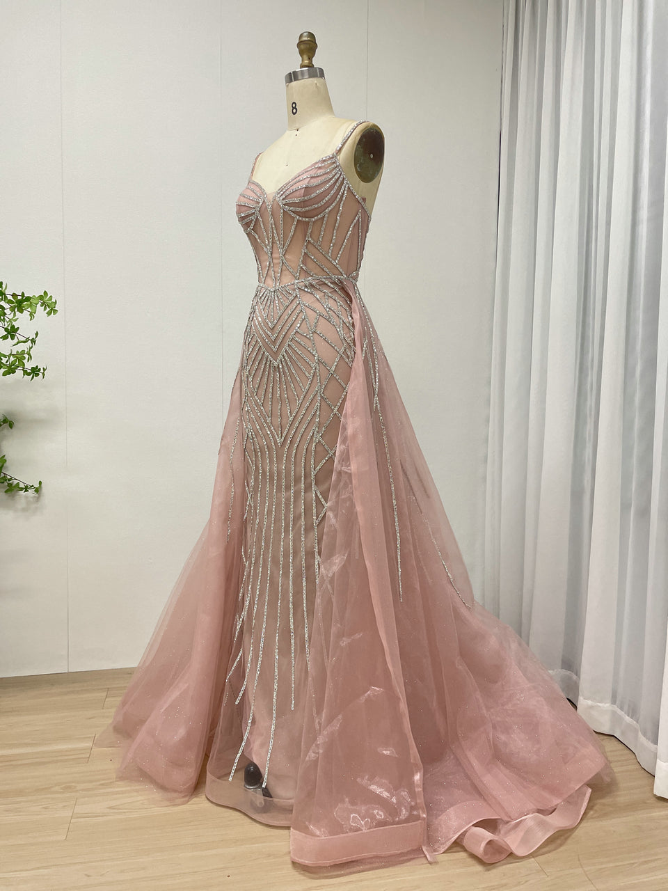 Art Deco Beaded Mermaid Prom Dress with Detachable Overskirt - Pink MC20091