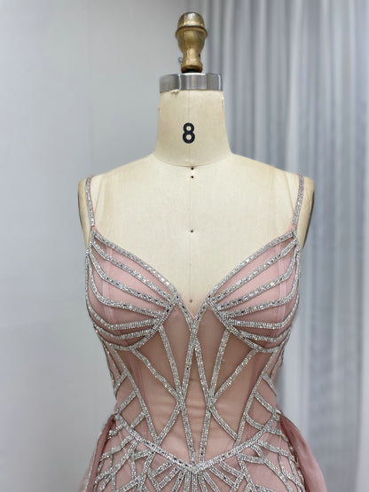 Art Deco Beaded Mermaid Prom Dress with Detachable Overskirt - Pink MC20091
