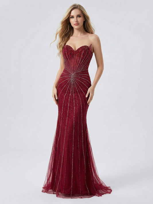 Burgundy Mermaid Evening Gown - Radiating Beaded Prom Dress MC20095