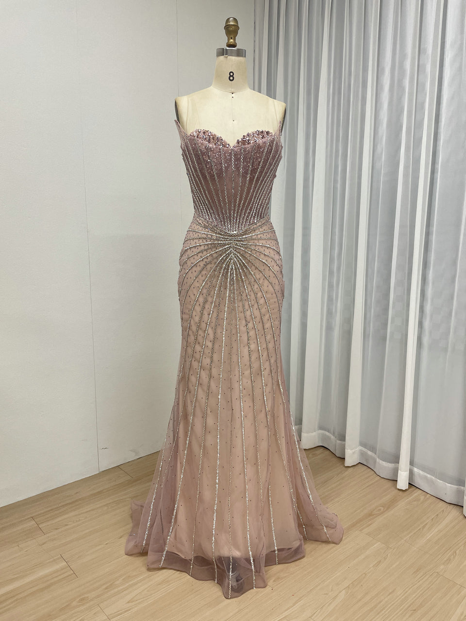 Burgundy Mermaid Evening Gown - Radiating Beaded Prom Dress MC20095