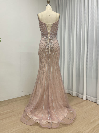 Burgundy Mermaid Evening Gown - Radiating Beaded Prom Dress MC20095