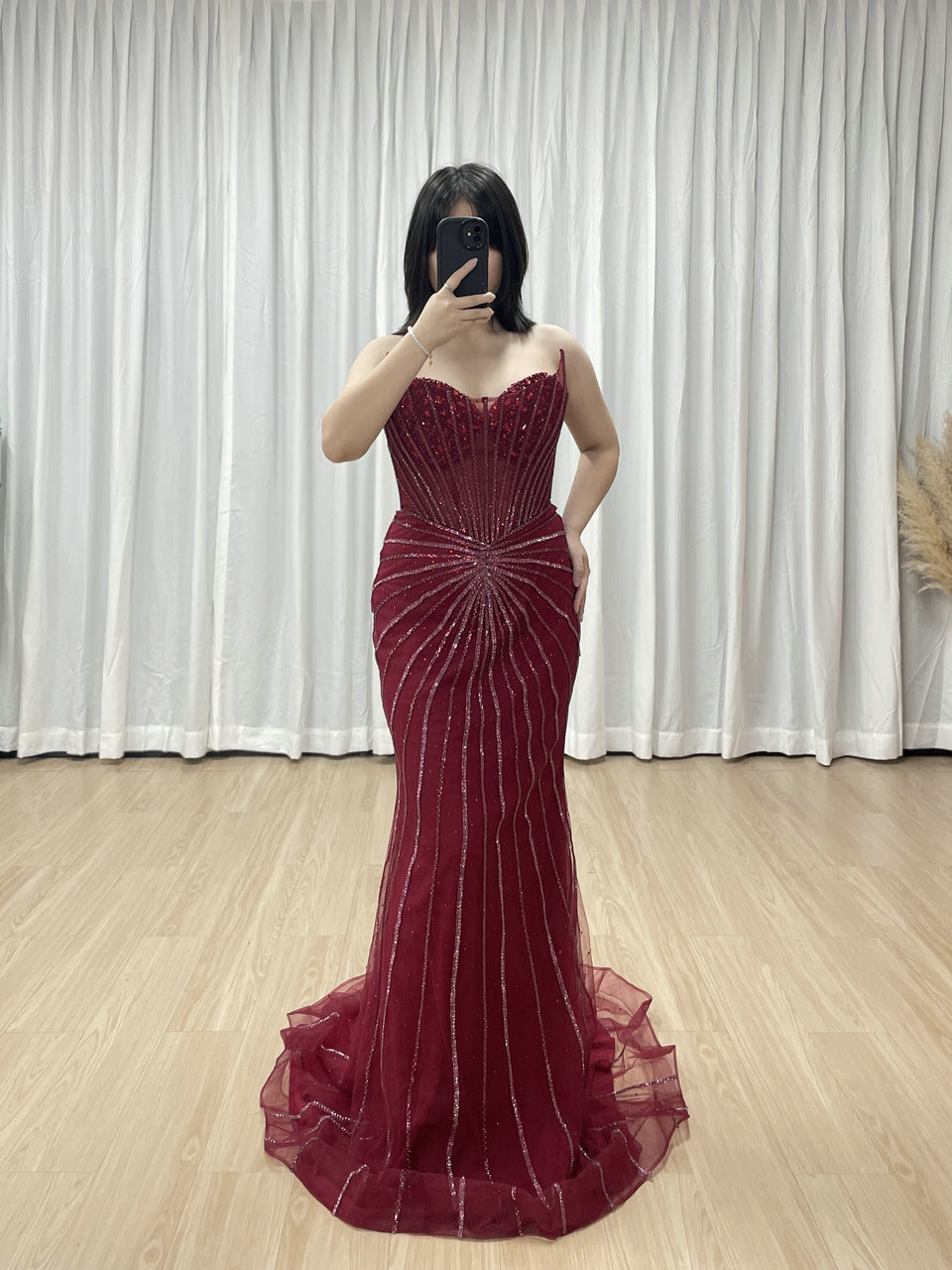 Burgundy Mermaid Evening Gown - Radiating Beaded Prom Dress MC20095