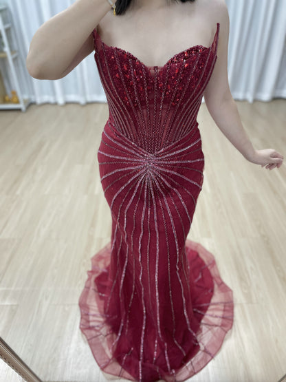 Burgundy Mermaid Evening Gown - Radiating Beaded Prom Dress MC20095