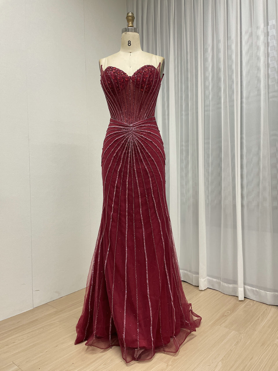 Burgundy Mermaid Evening Gown - Radiating Beaded Prom Dress MC20095