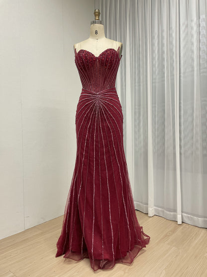 Burgundy Mermaid Evening Gown - Radiating Beaded Prom Dress MC20095