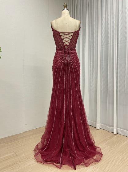 Burgundy Mermaid Evening Gown - Radiating Beaded Prom Dress MC20095
