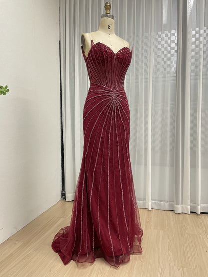 Burgundy Mermaid Evening Gown - Radiating Beaded Prom Dress MC20095