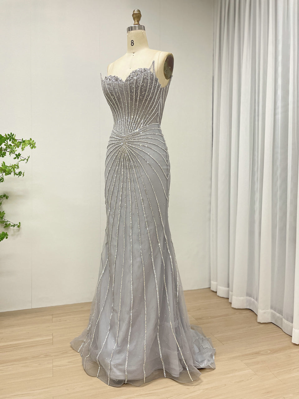 Burgundy Mermaid Evening Gown - Radiating Beaded Prom Dress MC20095