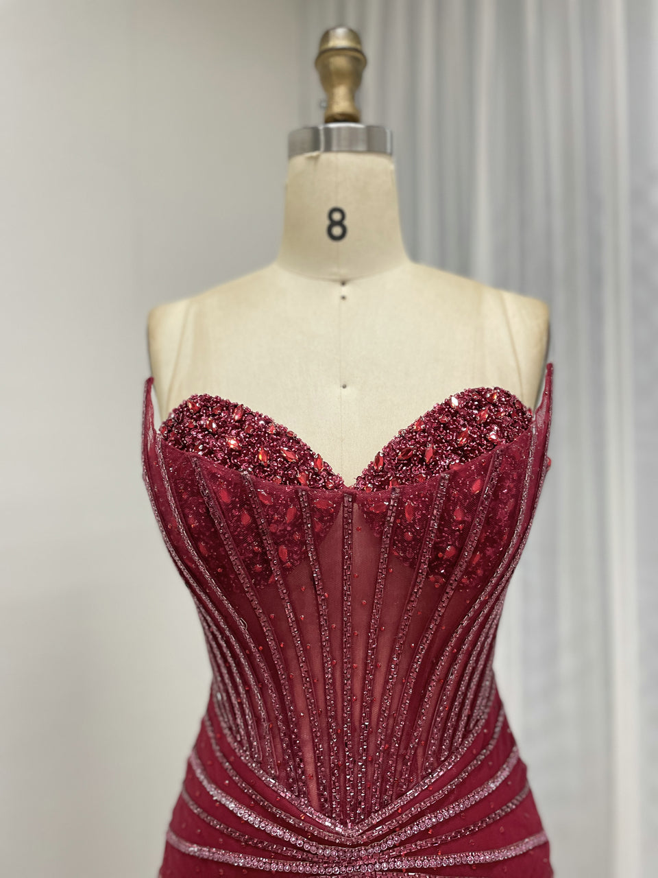 Burgundy Mermaid Evening Gown - Radiating Beaded Prom Dress MC20095