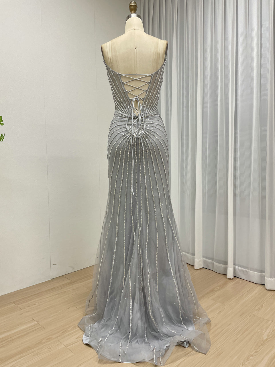Burgundy Mermaid Evening Gown - Radiating Beaded Prom Dress MC20095