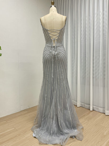 Burgundy Mermaid Evening Gown - Radiating Beaded Prom Dress MC20095
