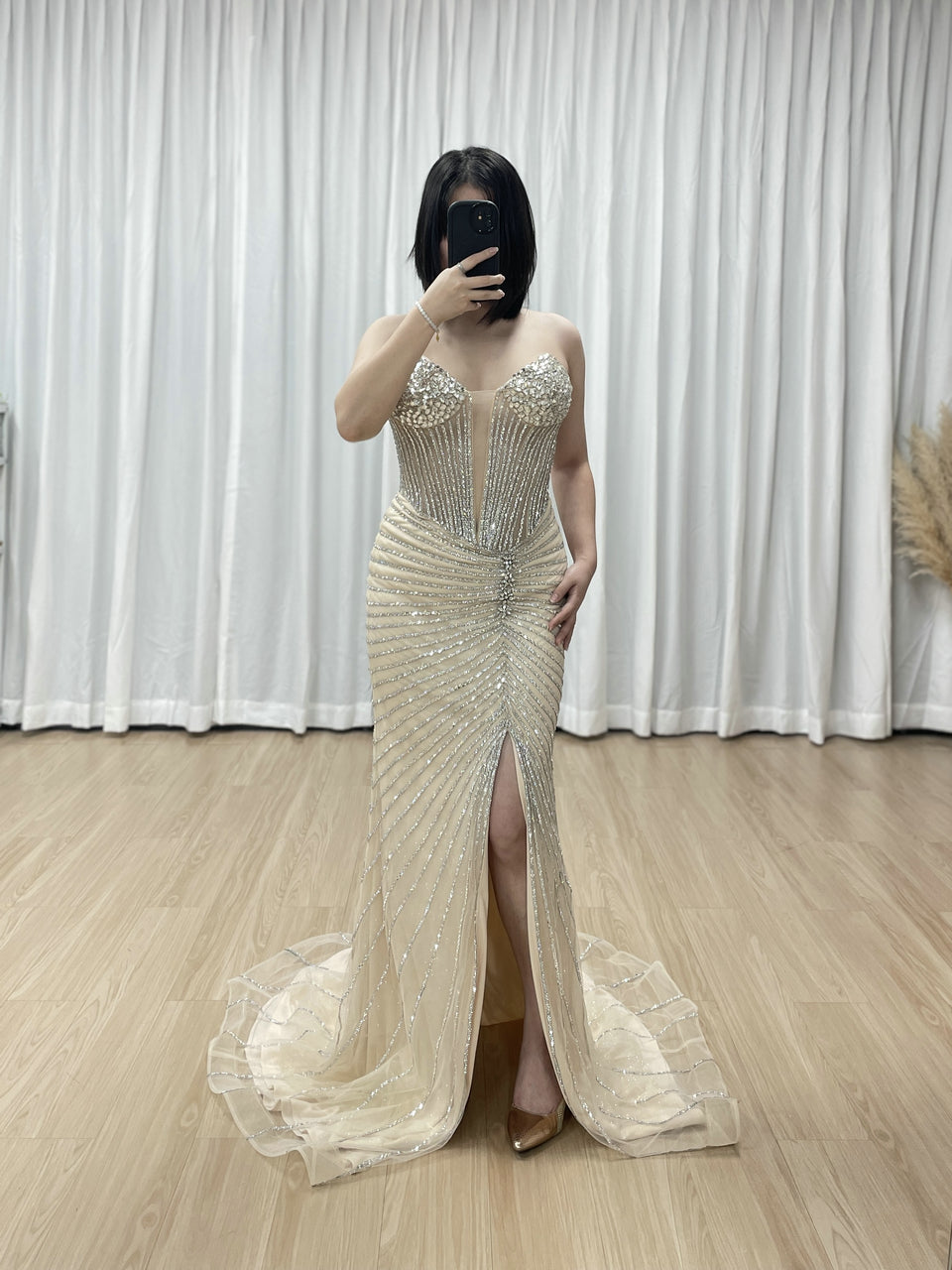 Champagne Crystal Corset Evening Gown - Beaded Mermaid Prom Dress with High Slit MC20096